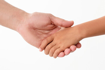 Absolute Trust And Support. Cropped close up of man and girl holding hands, enjoying spending free time together, isolated over white studio background. Assistance And Children Custody Concept