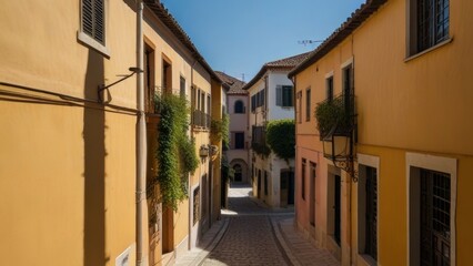 Fototapeta premium Charming narrow street in an Italian village on a sunny day, showcasing colorful buildings and vibrant greenery