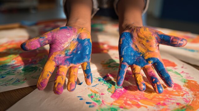 Colorful hands in creative art workshop for kids' artistic expression