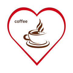 A steaming cup of coffee inside a red heart shape with the word coffee