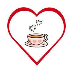 Cozy cup of coffee inside a red heart shape with love hearts