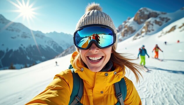 Cheerful woman skis down snow-covered mountain, wide happy smile. Yellow jacket, ski goggles reflect sunny adventure. Exhilarating winter sport, pure joy and freedom on snowy slope.
