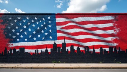 American flag mural adorns brick wall with New York city skyline silhouette. Vibrant colors create patriotic urban art, celebrating national identity, pride, diversity. Low angle perspective offers
