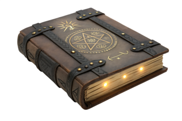 Ancient leather bound grimoire with mystical symbols glowing pages isolated on transparent background