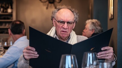 Man is reading a menu at a restaurant. He is wearing glasses and a white sweater. There are other people in the background, and a wine glass can be seen on the table