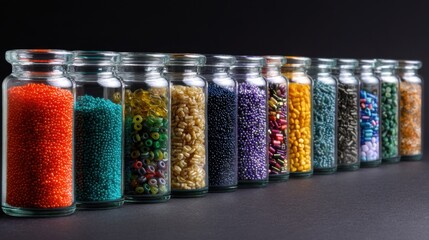 Colorful beads in glass jars for crafting and jewelry making inspiration