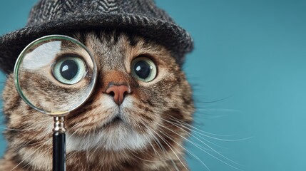 Intriguing Detective Feline with Magnifying Glass, Dressed to Solve Mysteries Ideal for Social Media Campaigns or Lifestyle Branding, Evoking a Sense of Adventure and Curiosity.