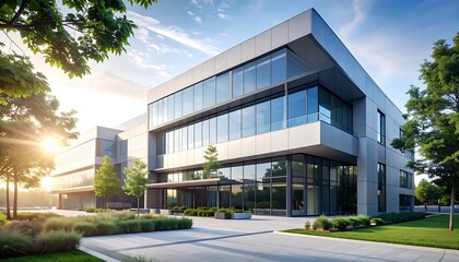 Modern office building at sunrise