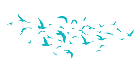 Flying birds blue silhouette flock. hand drawing. Not AI. Vector illustration.