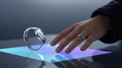 Elegant wristwatch with minimalist design reflecting on vibrant surface near hand for luxury lifestyle and modern technology concepts