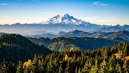 Mountain dominates, evergreen forest foreground transitions to distant hills