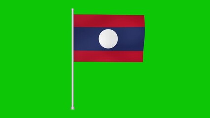 Laos flag waving on a pole against a green screen background animation for visual effects use