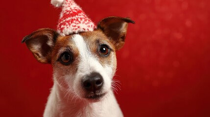 Festive Christmas Scene Featuring a Playful Jack Russell Dog Wearing Red and White Hat, Ideal for Holiday Campaigns or Lifestyle Branding, Evoking Joy and Cheer.