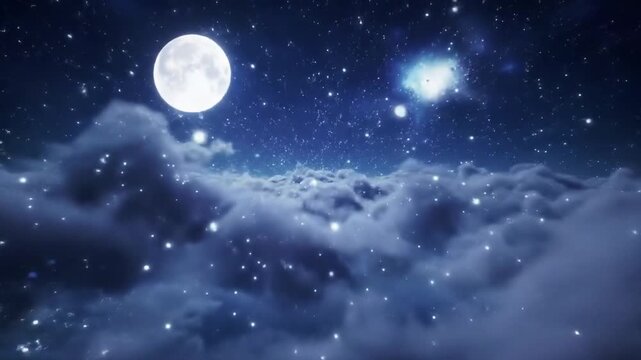 Abstract night sky filled with glowing stars and moving clouds with large white moon. Calming fantasy background seamless loop.
