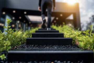 businessman is walking up black stone steps toward a modern building with plants on each side, symbolizing progress, determination, and success