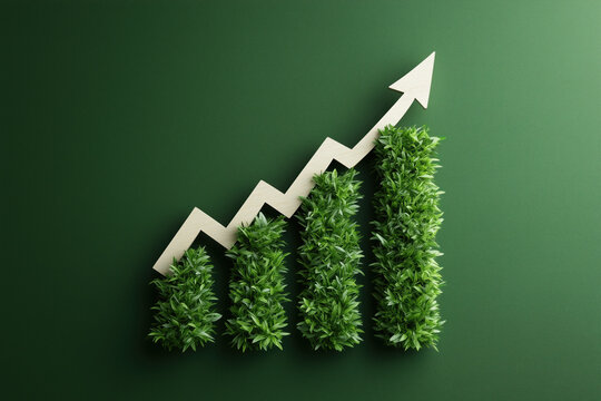 Representing the green economy's upward trend, a bar graph of growing plants with a white arrow on a green background symbolizes sustainable investments and financial growth