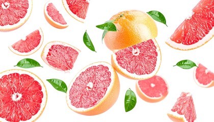 Juicy Grapefruit Halves and Slices Falling on White Background