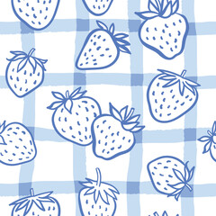 Strawberries, gingham white and blue background. Vector illustration. Seamless pattern. Summer design. Garden sweet berry