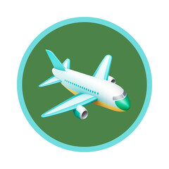 Stylized illustration of a modern passenger airplane in flight within a green circle