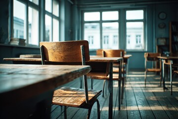 Fototapeta premium Empty classroom desks and chairs old wooden school furniture interior design photo
