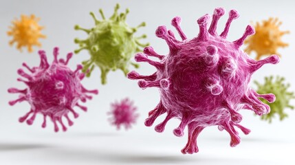 Bunch of colorful viruses are floating in the air, with the pink ones being bigger than the green ones