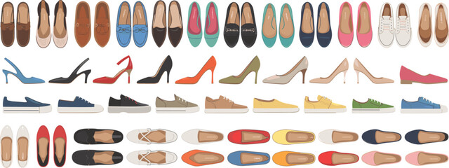 Collection of diverse shoes, including flats, heels, sneakers, and sandals in various colors, vector illustrations, footwear set, fashion accessories, modern shoe designs