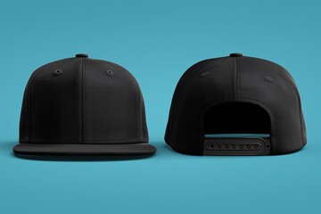 A black snapback cap mockup from the front and back on a blue background