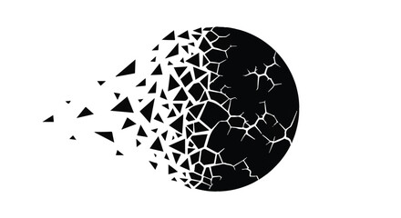 Abstract black sphere fragmenting into geometric shapes against white background