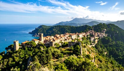 Coastal hilltop village in Europe with orange rooftops, lush greenery, and blue sea