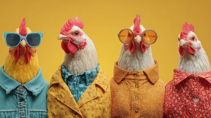 Creative Chickens in a Row Vibrant, Fun, and Playful Group Concept for Social Media Campaigns or Lifestyle Branding, Boosts Energy and Sparks Creativity.