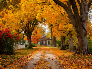 Fototapeta premium Autumn Street with Yellow and Red Leaves