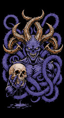 Sinister Purple Demon with Twisted Horns Holding a Dripping Skull.