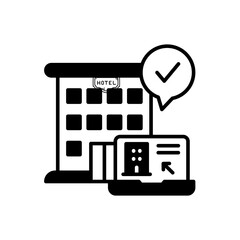 Hotel booking confirmation with checkmark on laptop screen