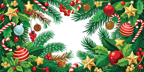 Lush Christmas Wreath Border with Ornaments Holly and Pinecones holiday festive