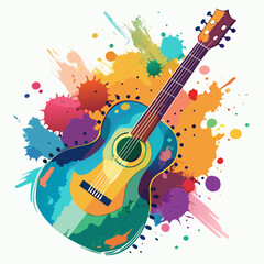 Colorful vibrant watercolor vector illustration of guitar with artistic splashes and soft texture for music-themed prints and posters,
Watercolor Guitar Art Vector,
Vibrant Guitar Illustration,
Creati