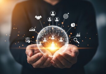Hands holding a glowing crystal ball displaying a network of connections and business icons, symbolizing global business strategy and connectivity