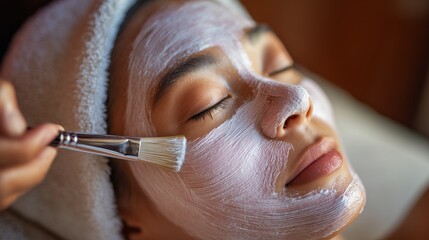 Hand holding a brush applying a clay mask to a face, close-up of skincare treatment