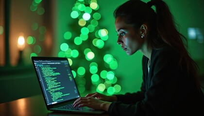 Young female entrepreneur codes on laptop in modern office. Green festive lights reflect on screen. Focused woman works on new project at night. Technology, startup, development, innovation.