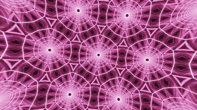 Abstract kaleidoscope mandala neon acid background with radiant luminous hexagonal symmetry, seamless ornamental grids glowing rhythmically in futuristic hypnotic animation.
