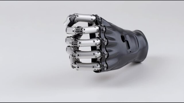 A close-up of a robotic hand with a black plastic case and metallic fingers on a white background, video footage.