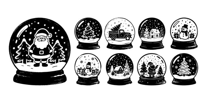 Collection of Christmas snow globes in black and white ink style showing festive scenes like Santa, snowmen, trees, and houses on white background