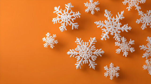 Stunning white snowflakes scattered across a vibrant orange background creating a festive winter holiday atmosphere for design projects - Powered by Adobe