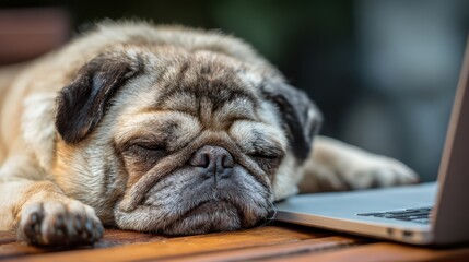 Obraz premium Adorable U Dog Pug Breed Lying on a Modern Laptop, Expressing Contentment and Curiosity Perfect for Social Media Campaigns or Lifestyle Branding, Inspiring Warmth and Happiness.