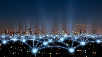 City skyline is lit up with a network of lights, creating a sense of connectivity and communication