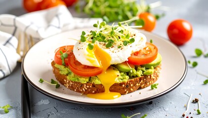 Delicious Poached Egg Avocado Toast with Tomato and Microgreens