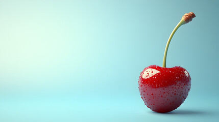 A single ripe red cherry with a long green stem stands out against a soft pastel blue background with ample copy space