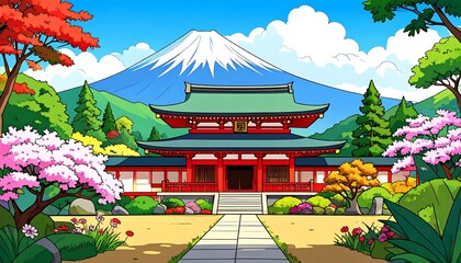 Colorful Asian temple scene with mountain