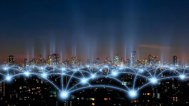 City skyline is lit up with a network of lights, creating a sense of connectivity and communication