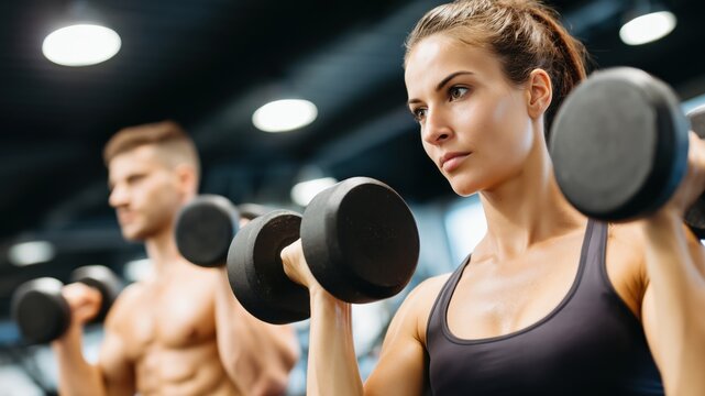 Focused woman lifting a dumbbell during workout at the gym, demonstrating strength training