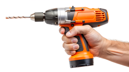 A hand firmly holds an orange and black cordless drill with a drill bit, isolated on transparent background, emphasizing its ergonomic design and powerful capabilities